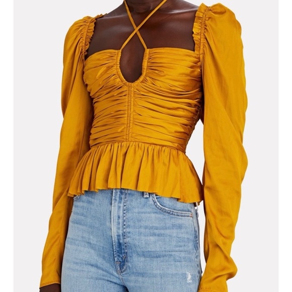 Ulla Johnson Mirelle Plisse Satin Peplum Mustard Long Sleeve Ruched blouse NEW - Picture 1 of 11